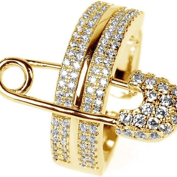 Jewelry - Wide Flat CZ Safety Pin Chunky Open Ring Gold Silver Paved Jewelry Women